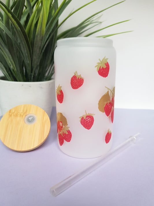 Iced coffee glass approx. 340 ml glass cup strawberries, glass with lid and straw, bridesmaid gift drinking glass Strawberry