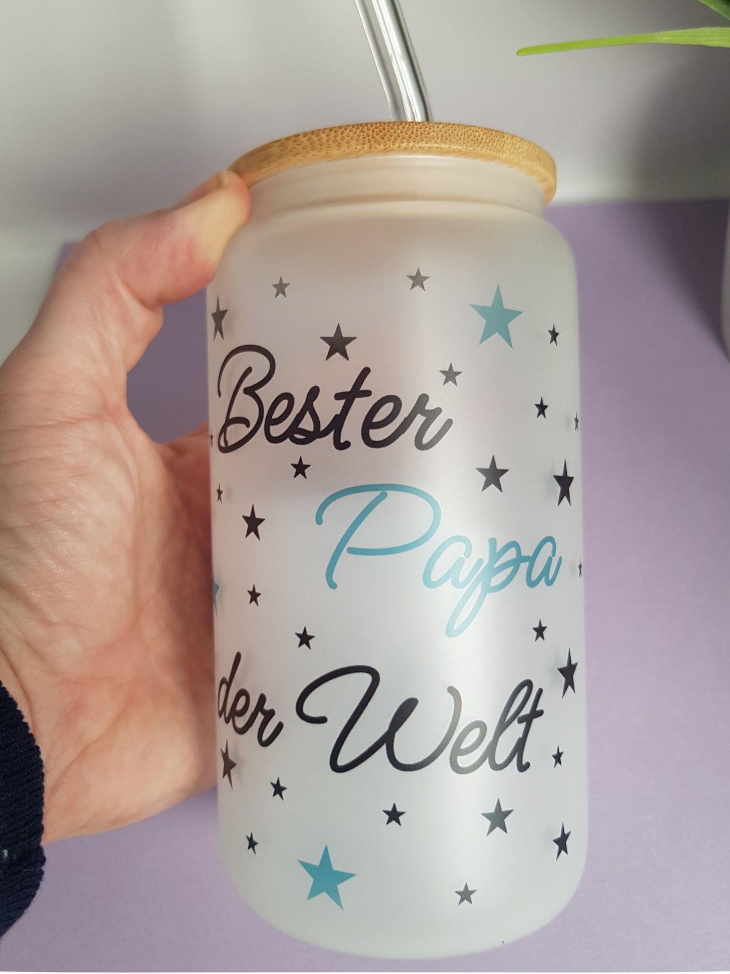 Glas mit Deckel und Strohalm Bester Papa